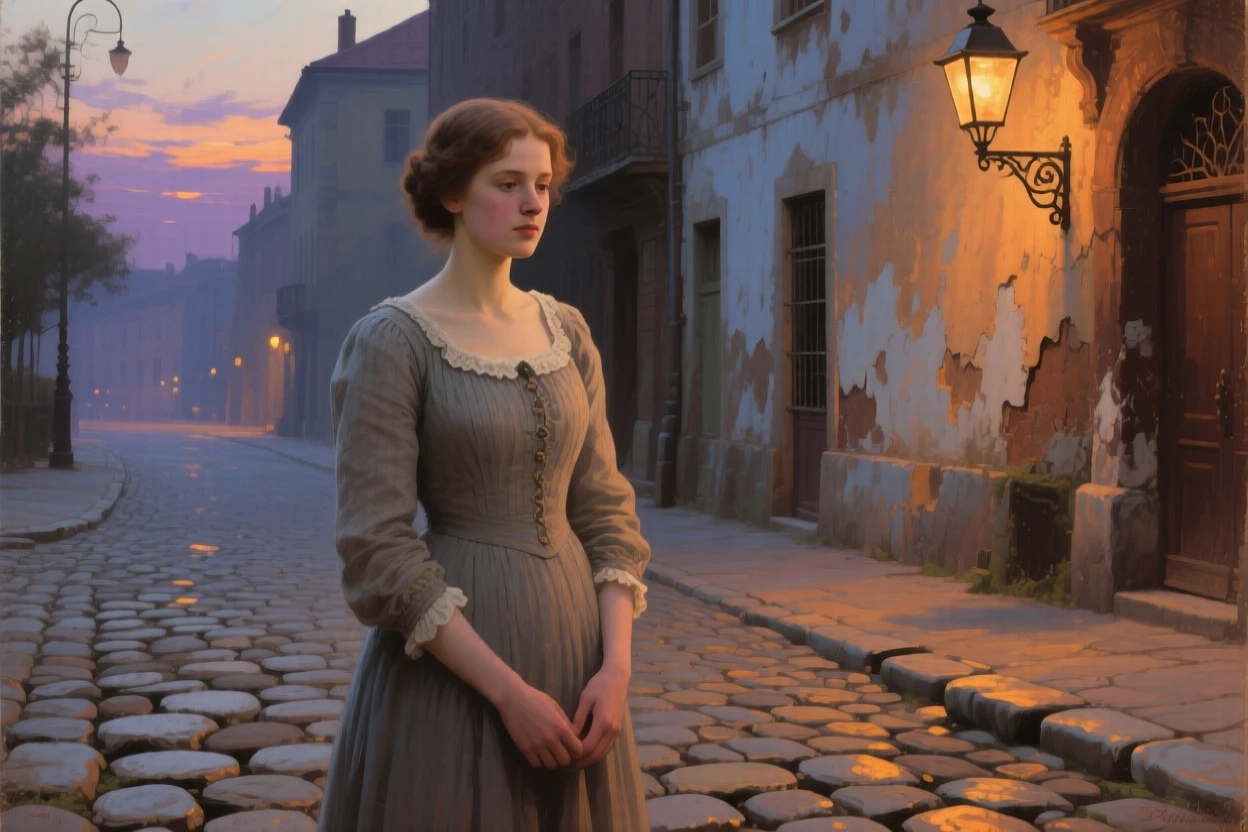 A detailed close shot of a young woman on a cobblestone street, radiating quiet contentment, at dusk.