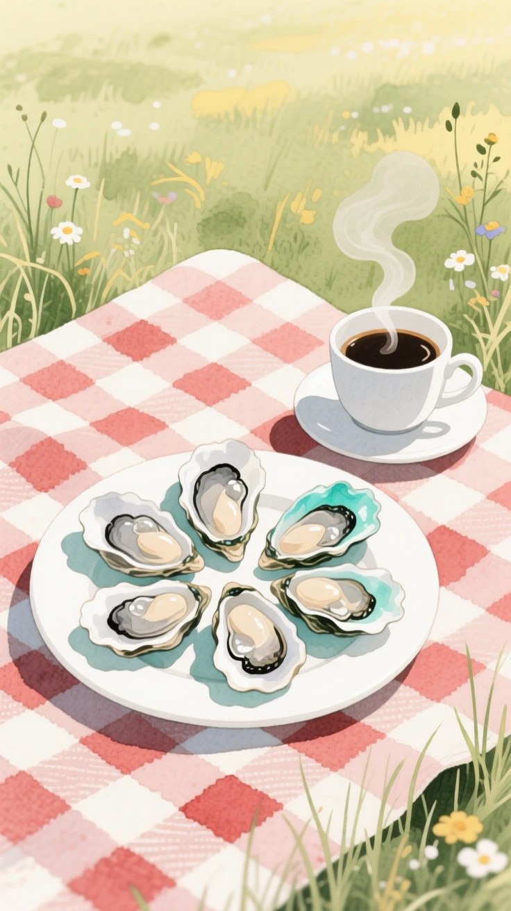 A plate of fresh oysters sits next to a steaming cup of coffee on a picnic blanket in a meadow, arranged beautifully for a delightful meal