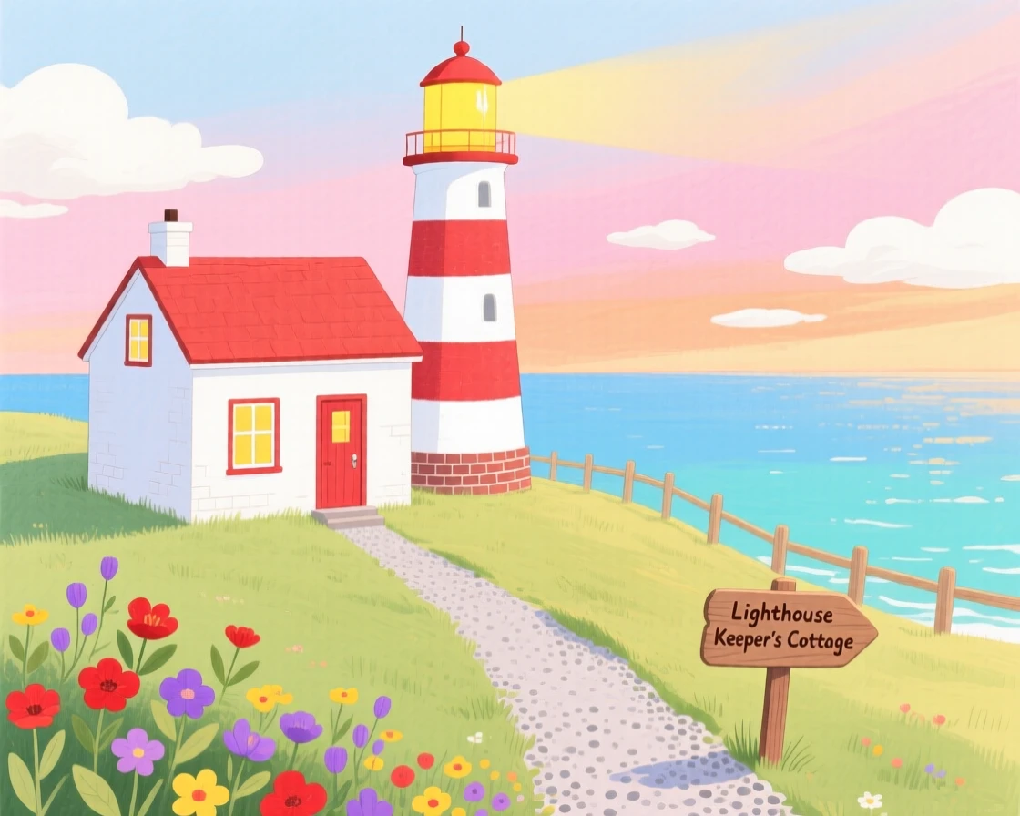 A peaceful view of a lighthouse keeper's cottage by the sea.