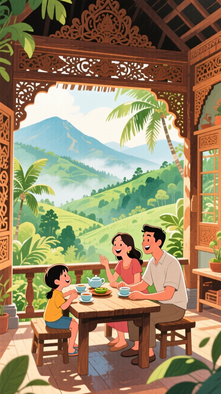 A family takes in the breathtaking view together amid a traditional tea house nestled in the mountains of Bali, filled with the romance of travel.