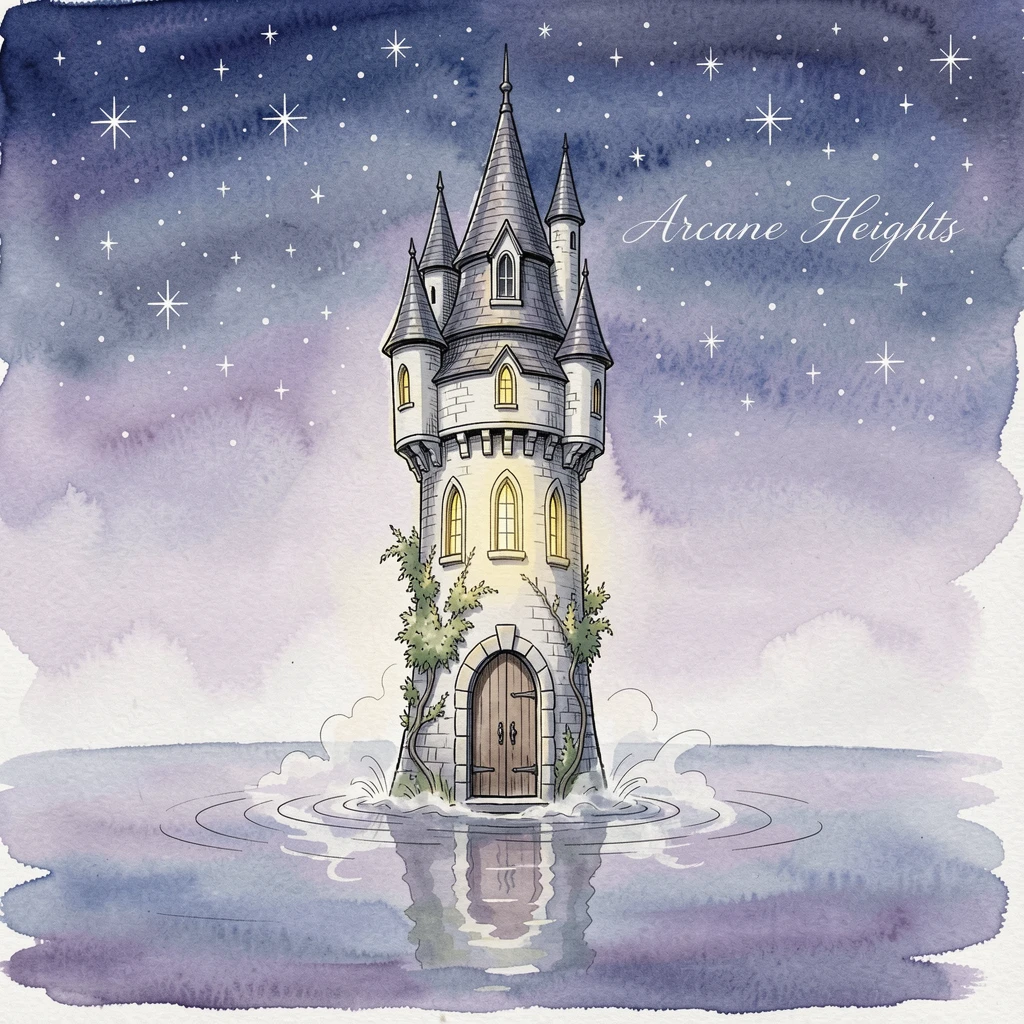 A wizard's tower rising from a misty lake under a sky full of stars, a soft magical glow illuminating the entire scene.