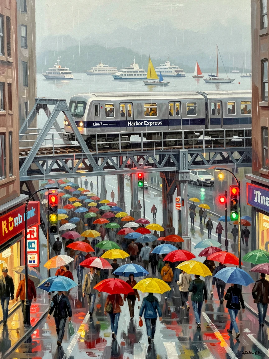An elevated train crossing above a crowded avenue, pedestrians hurrying past beneath colorful umbrellas, overlooking a harbor filled with ferries and boats, during a rain shower, streets glistening with reflected light.