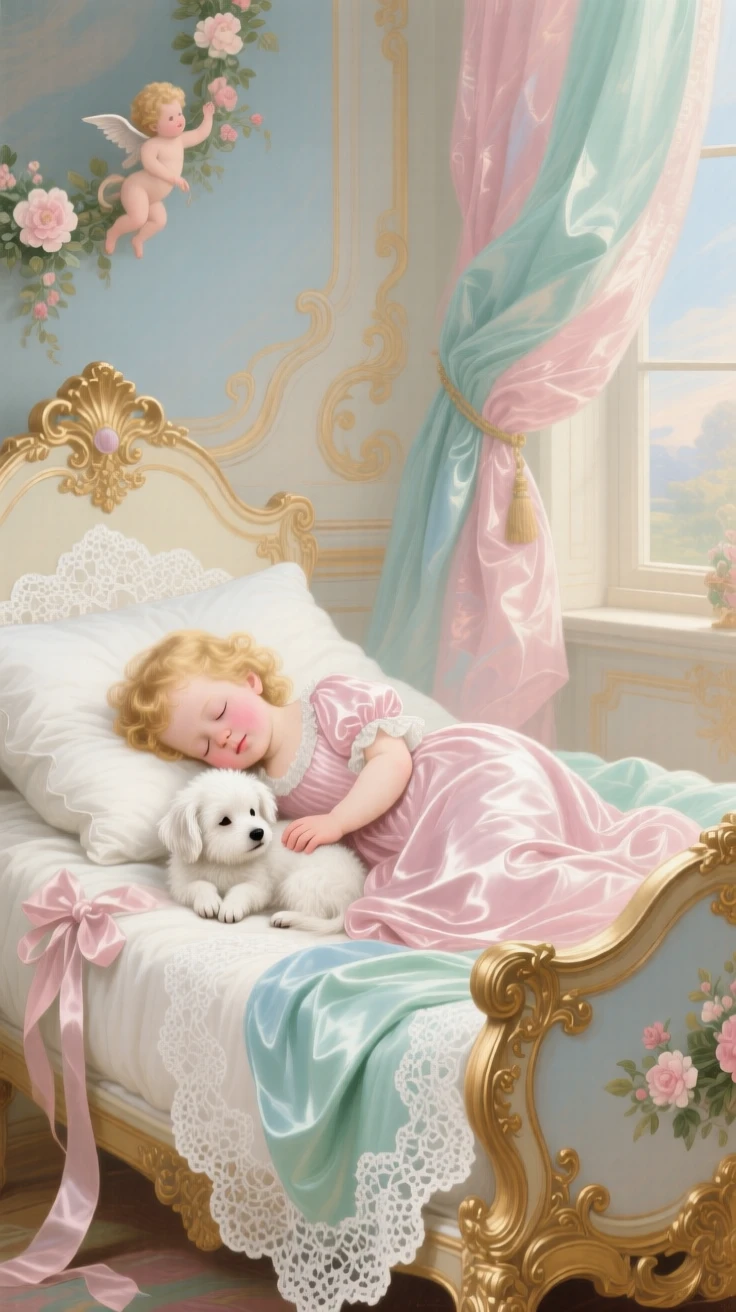 A child sleeping beside a tiny white puppy in a lace-lined cradle  