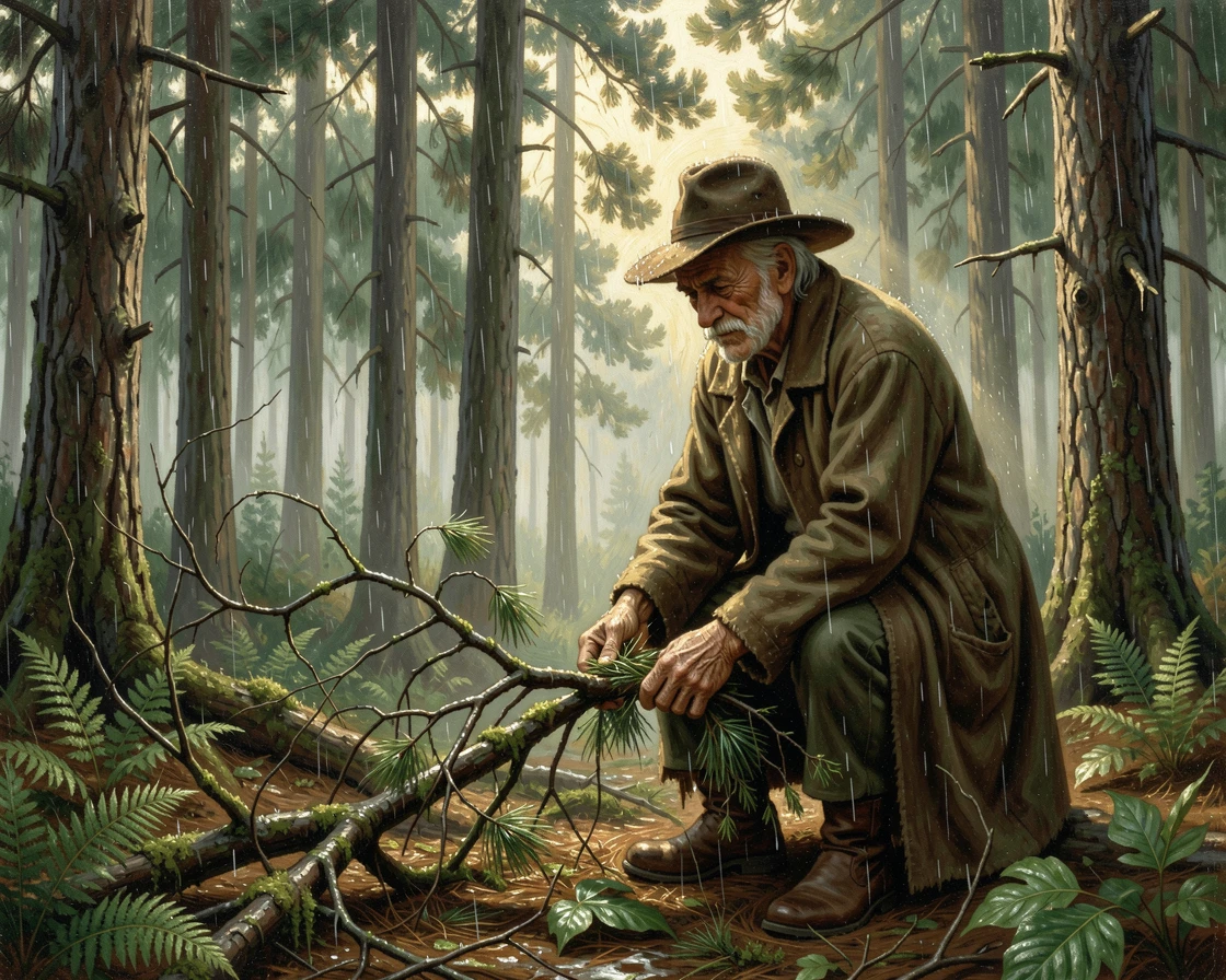 An old herbalist gathers fallen branches in a shadowed pine woodland while rain patters softly on the leaves.