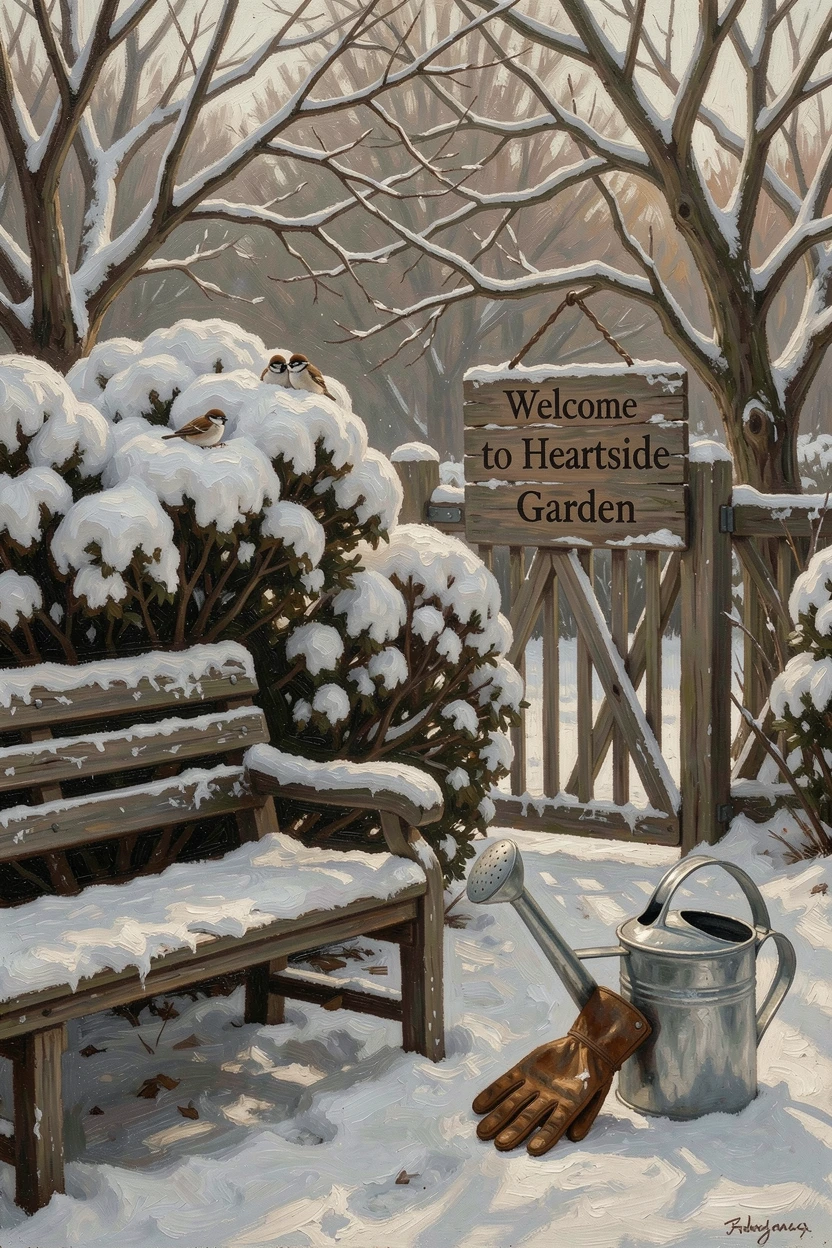 A quiet winter morning with fresh snow untouched across a garden, as the whole scene radiates warmth and togetherness, designed to bring festive cheer to any home or gallery wall