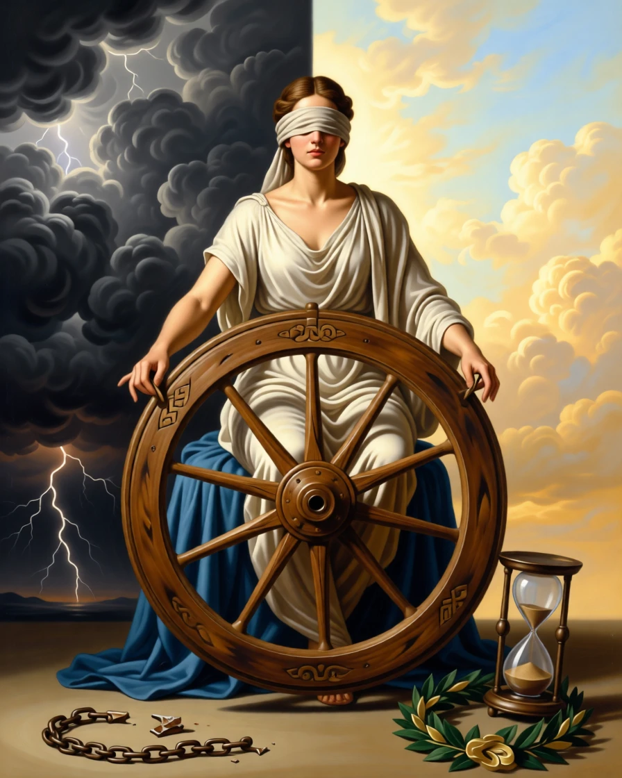 A blindfolded figure representing Fortune spinning her great wheel as unseen forces of fate quietly converge, set beneath a sky divided between storm and radiant light, with symbolic objects such as a broken chain, an hourglass, or a laurel wreath placed with quiet intention; a triangular arrangement lends the scene classical stability and gravity, capturing the eternal struggle between light and shadow.