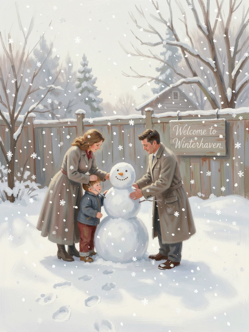 A family building a snowman together in a quiet backyard as snow continues to fall softly, under a fresh blanket of snow, radiating serenity and gentle stillness.