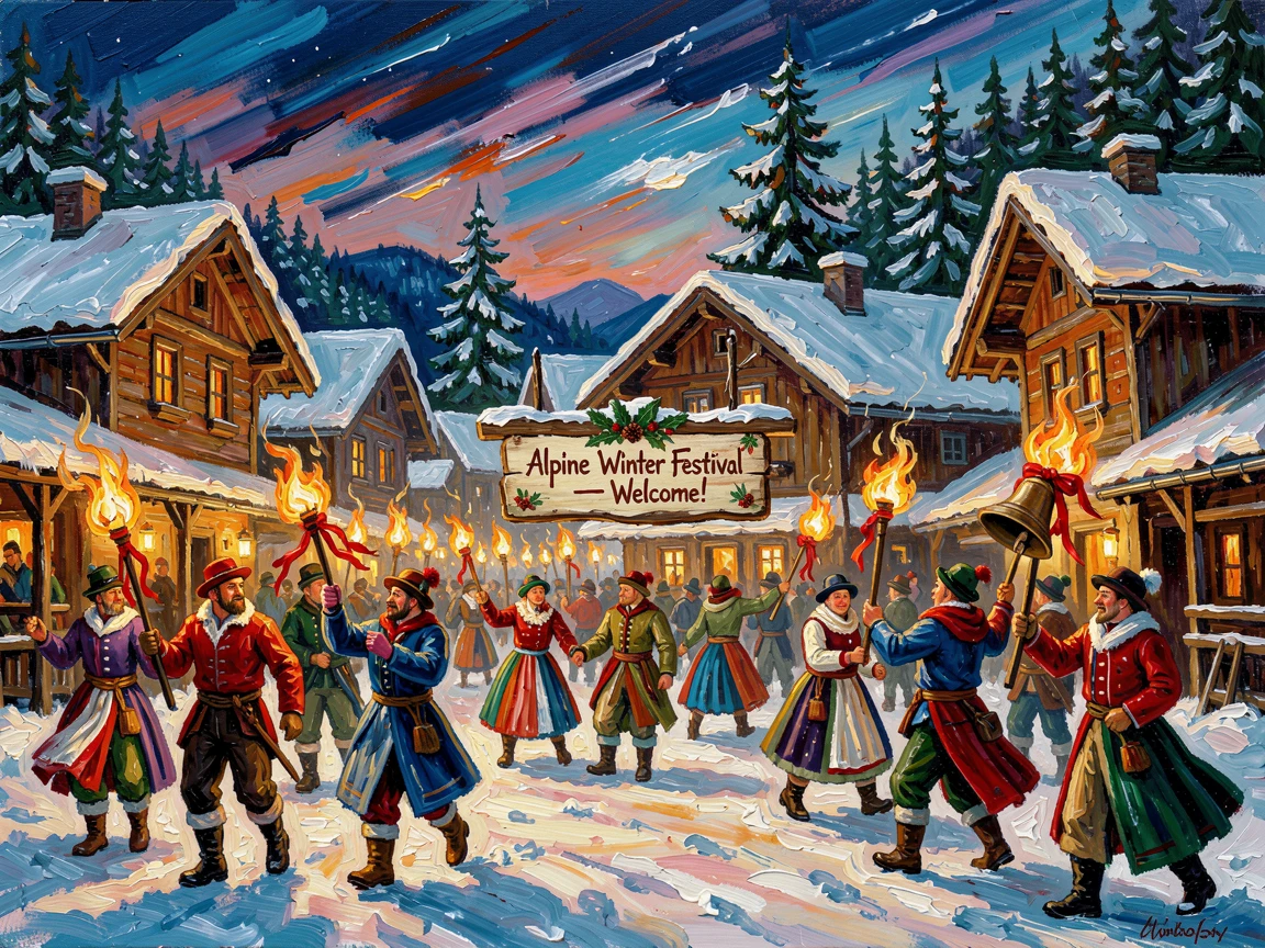 A quiet alpine village preparing for a traditional winter festival with torches and bells.