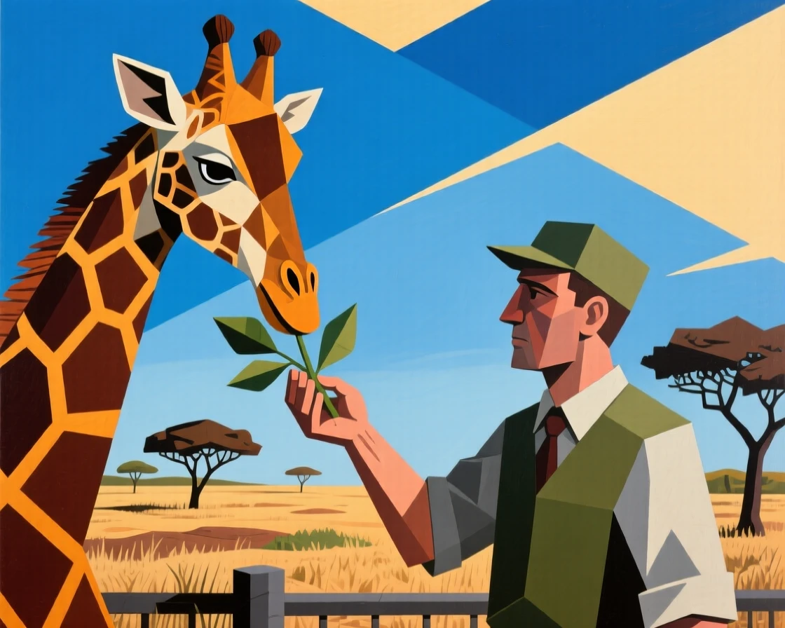 A zookeeper feeding a giraffe by hand beneath a wide savanna sky.
