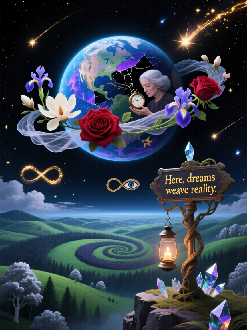 A planet ringed with delicate strands of blooming flowers hangs silently over a sleeping world below, as shooting stars trace slow arcs across the darkness.