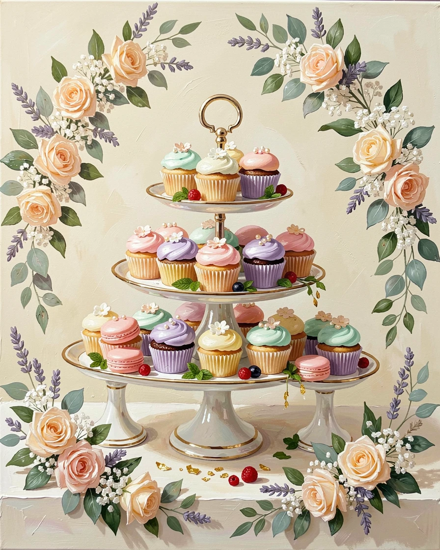 A delicate wedding dessert table shows an assortment of colorful cupcakes and macarons arranged in elegant tiers beneath floral garlands, small garnishes and finishing touches arranged with quiet, deliberate care.