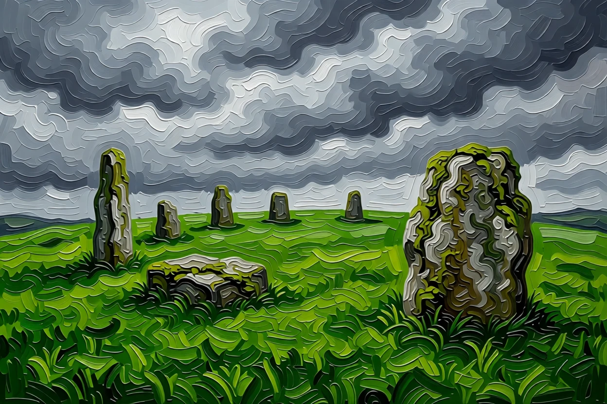 A rolling green hill dotted with ancient standing stones under a moody grey sky