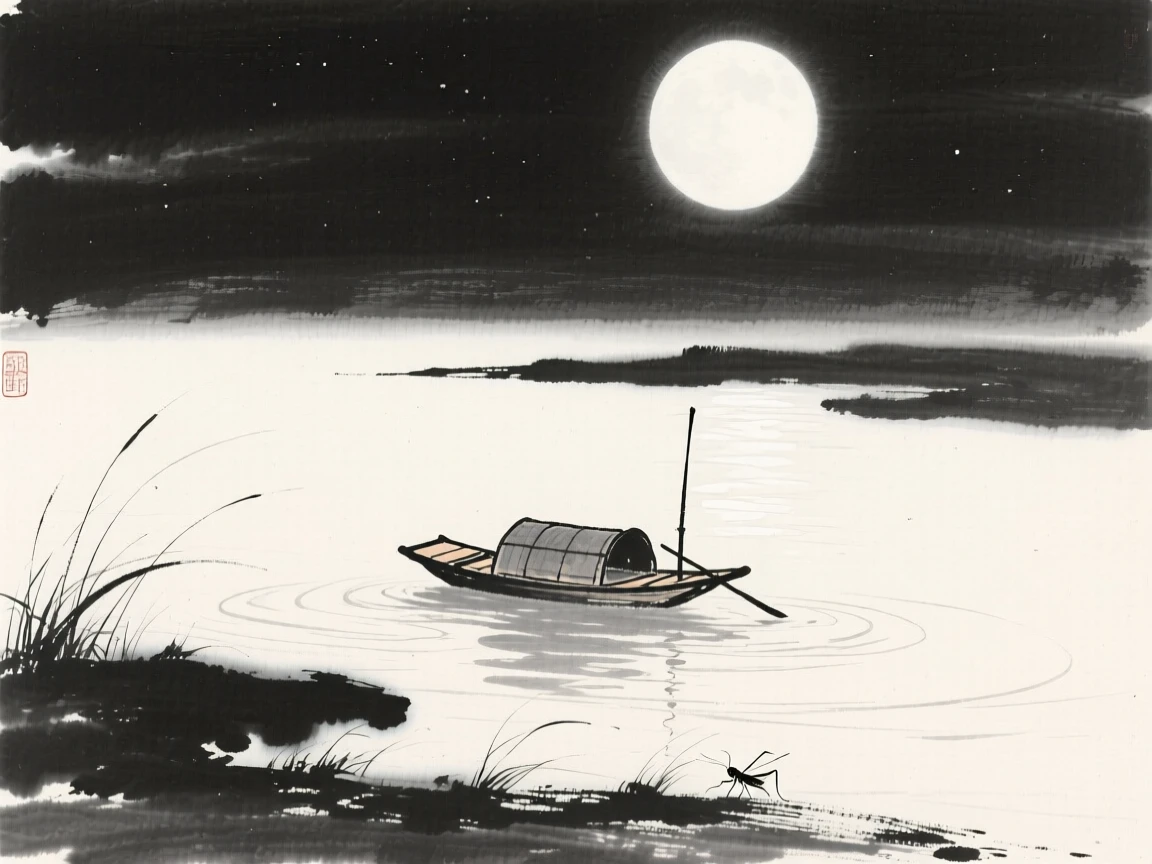 A small boat drifts silently across a river under a bright full moon, as crickets sing softly from the surrounding grass.