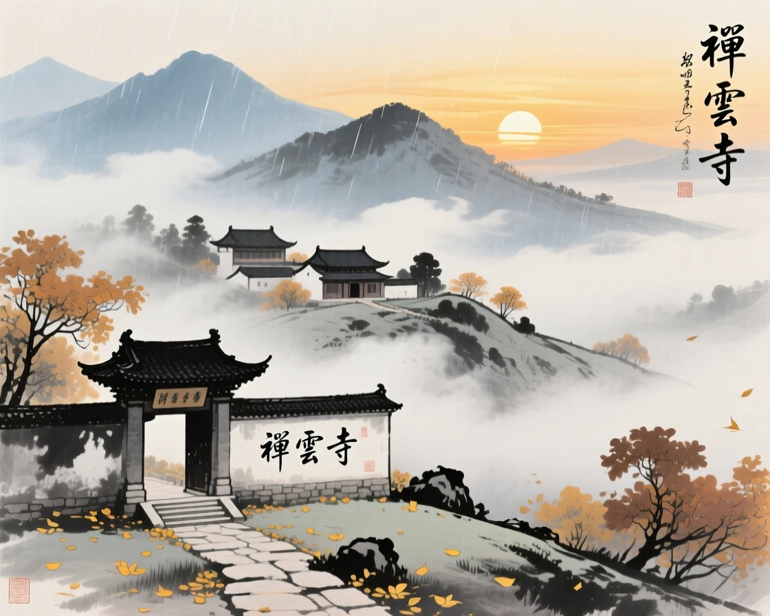 A hillside monastery wrapped in drifting cloud, as the sun sets behind distant peaks, beneath a sky washed clean by rain, as autumn leaves turn golden.