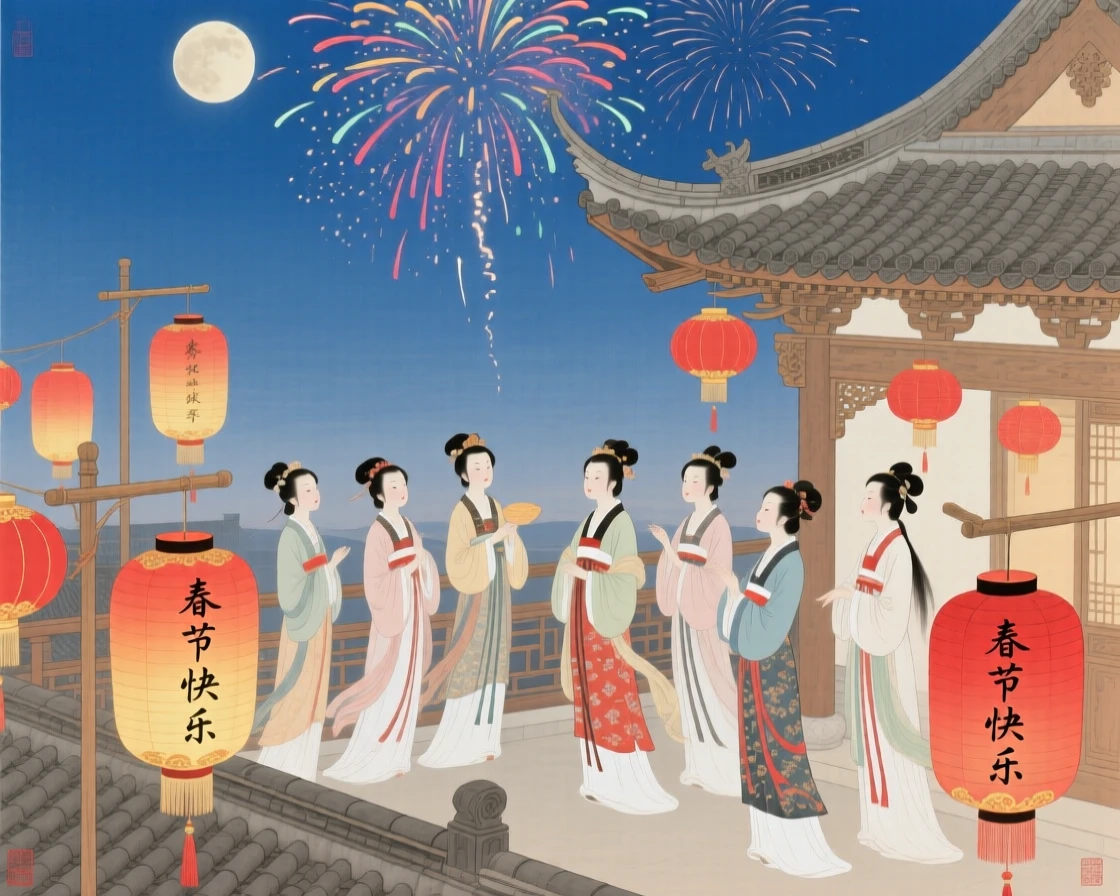 A rooftop gathering to watch fireworks during a lunar new year celebration, with paper lanterns swaying gently in the breeze