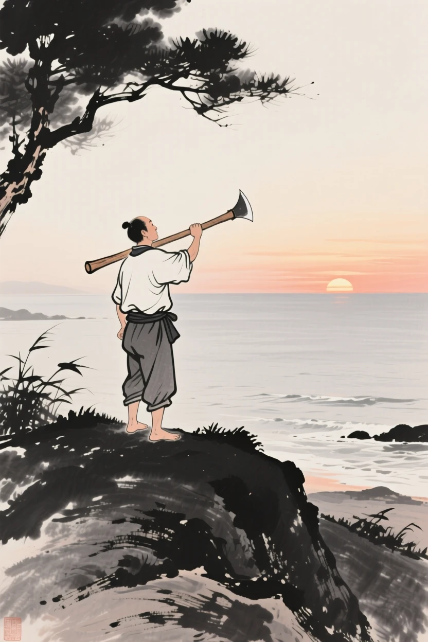 A woodcutter watching the sunset from a hillside on a hillside overlooking the sea, captured mid-gesture in a candid, natural moment, carrying a tender sense of familial warmth.