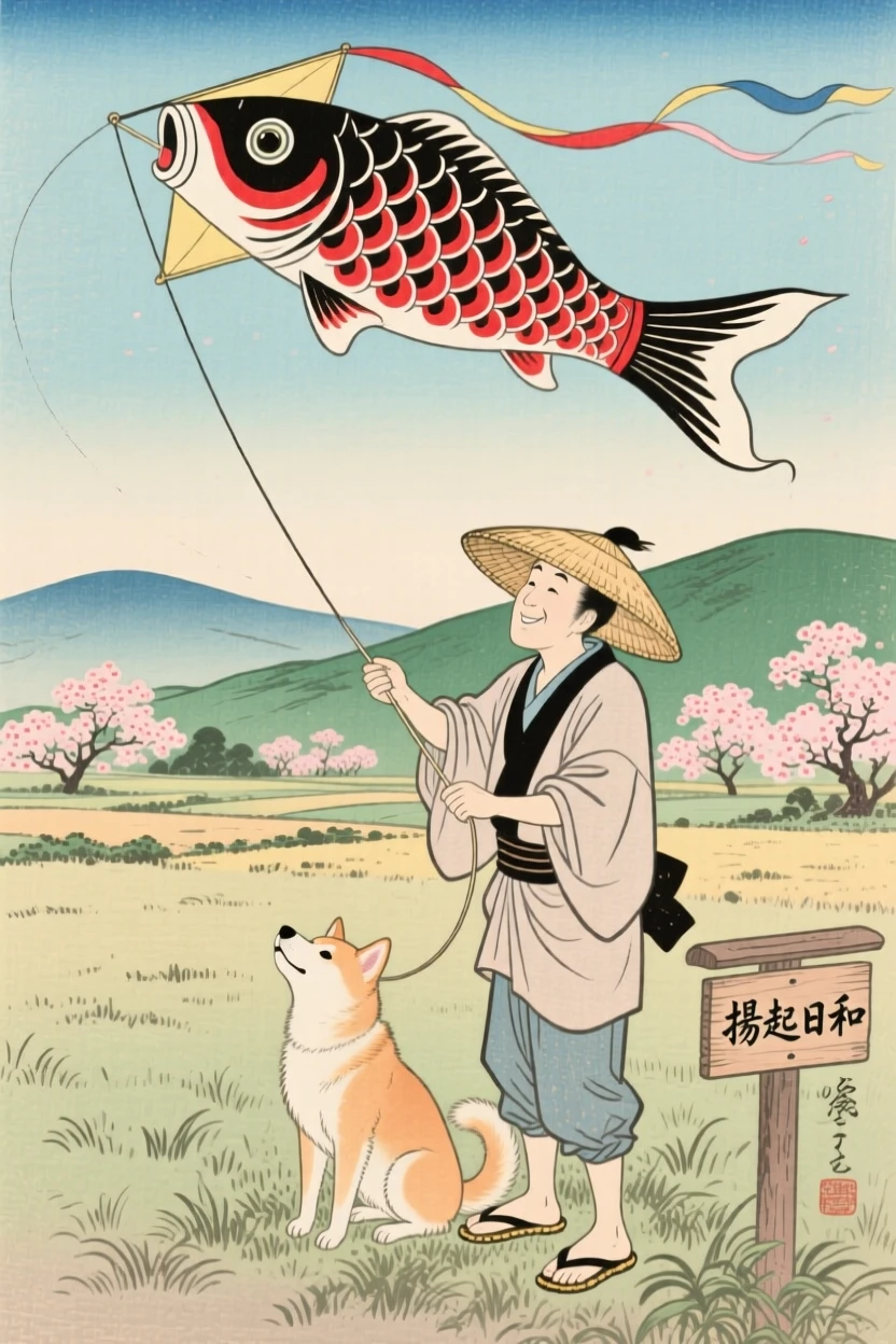A farmer and his dog flying a kite together in an open field.