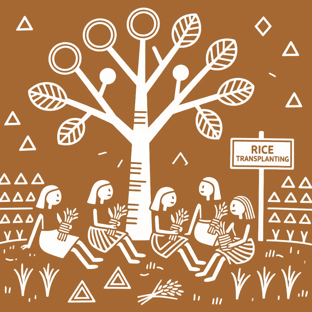 A group of women transplanting rice seedlings resting under a tree after a long day in the field.
