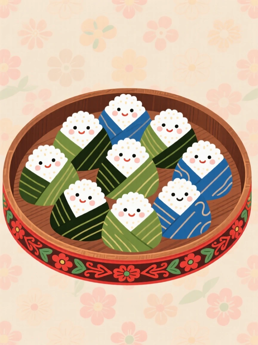 A tray of stuffed rice balls wrapped in seaweed.