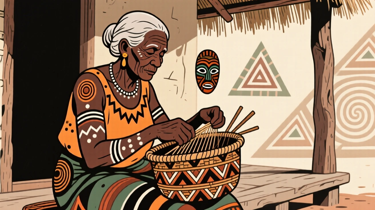 An elderly woman weaving a basket on her porch.
