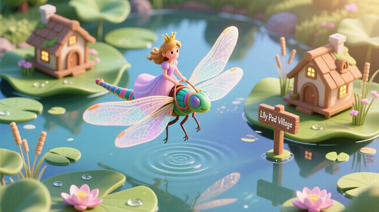 A brave princess riding a giant dragonfly across a lily pad kingdom at the edge of a magical pond.