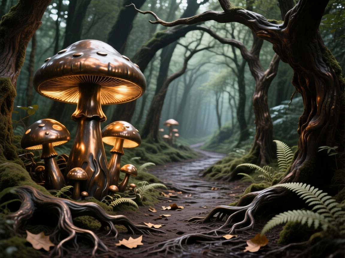 An enchanted forest path lit by glowing mushrooms, capturing a powerful sense of mystery and magic, transporting the viewer to another world