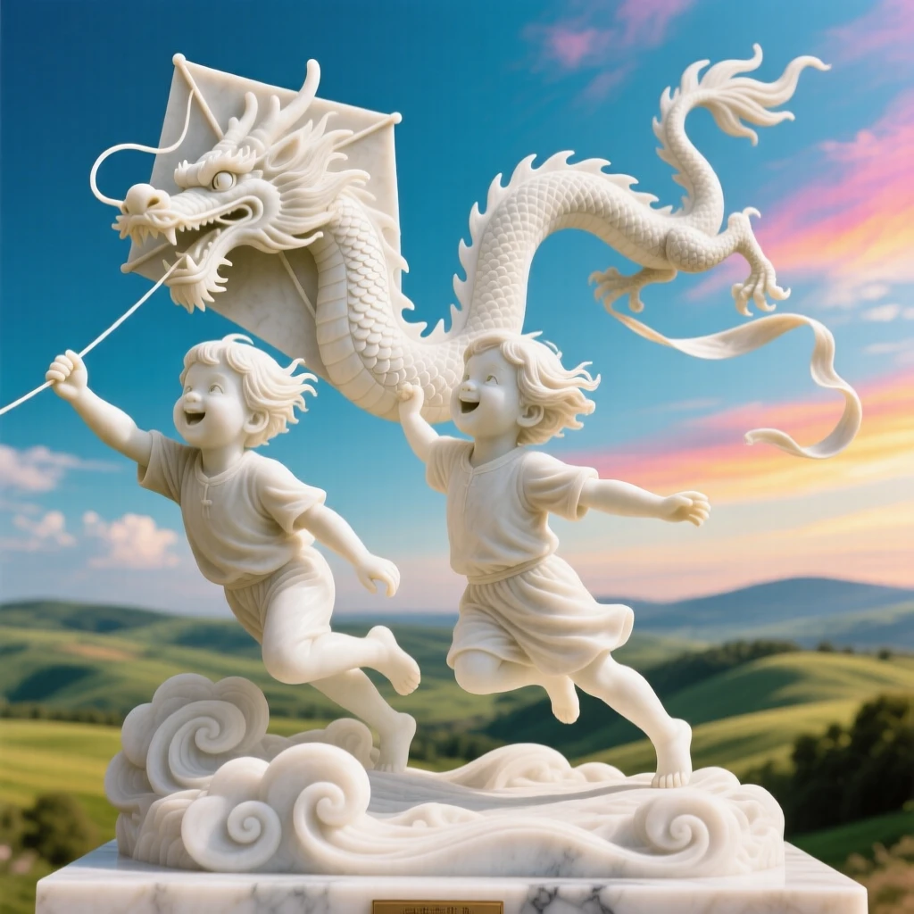 A vivid, emotionally rich scene of a child flying a kite shaped like a dragon, under a brilliant, colorful sky, designed to captivate and inspire
