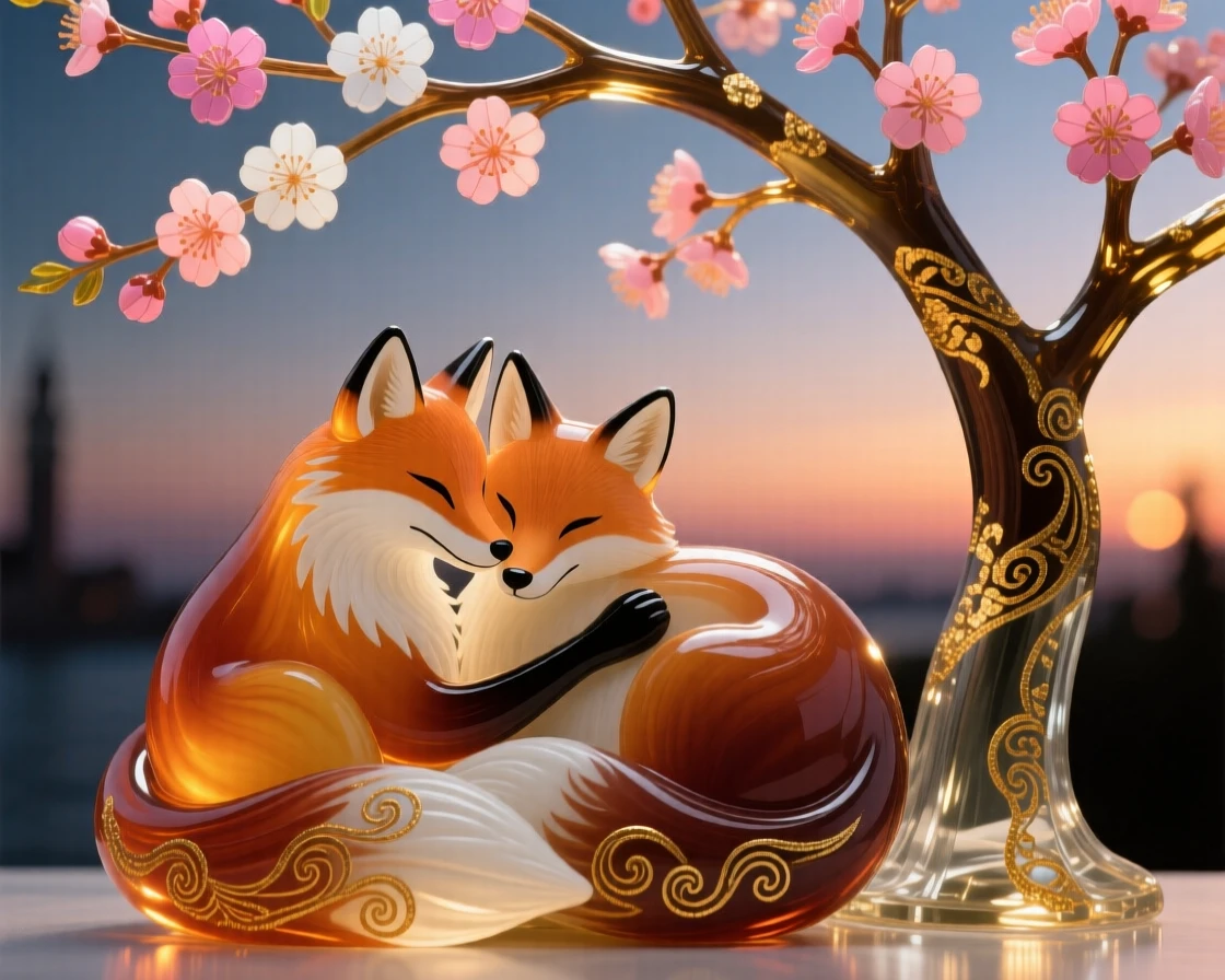 A pair of foxes curled together beneath a blossoming cherry tree at dusk, cozy and tender.