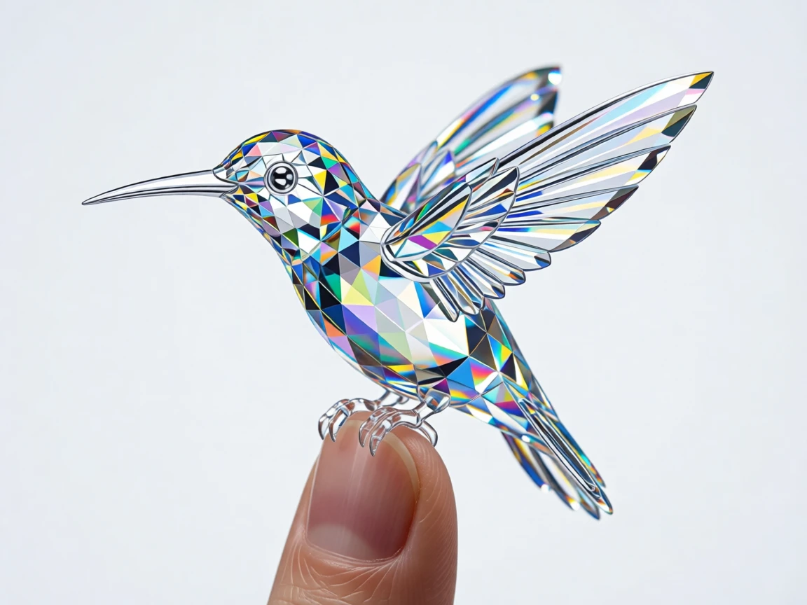 A tiny hummingbird perched on a fingertip, wings folded delicately.