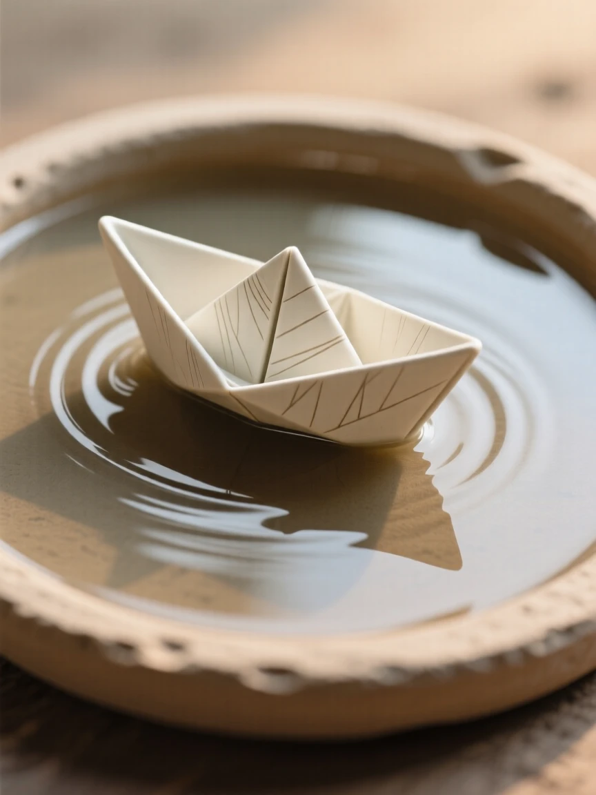 A paper boat floating on a rippling puddle framed in soft, warm ambient light, with delicate patterns etched into its surface, evoking nostalgia and quiet charm.