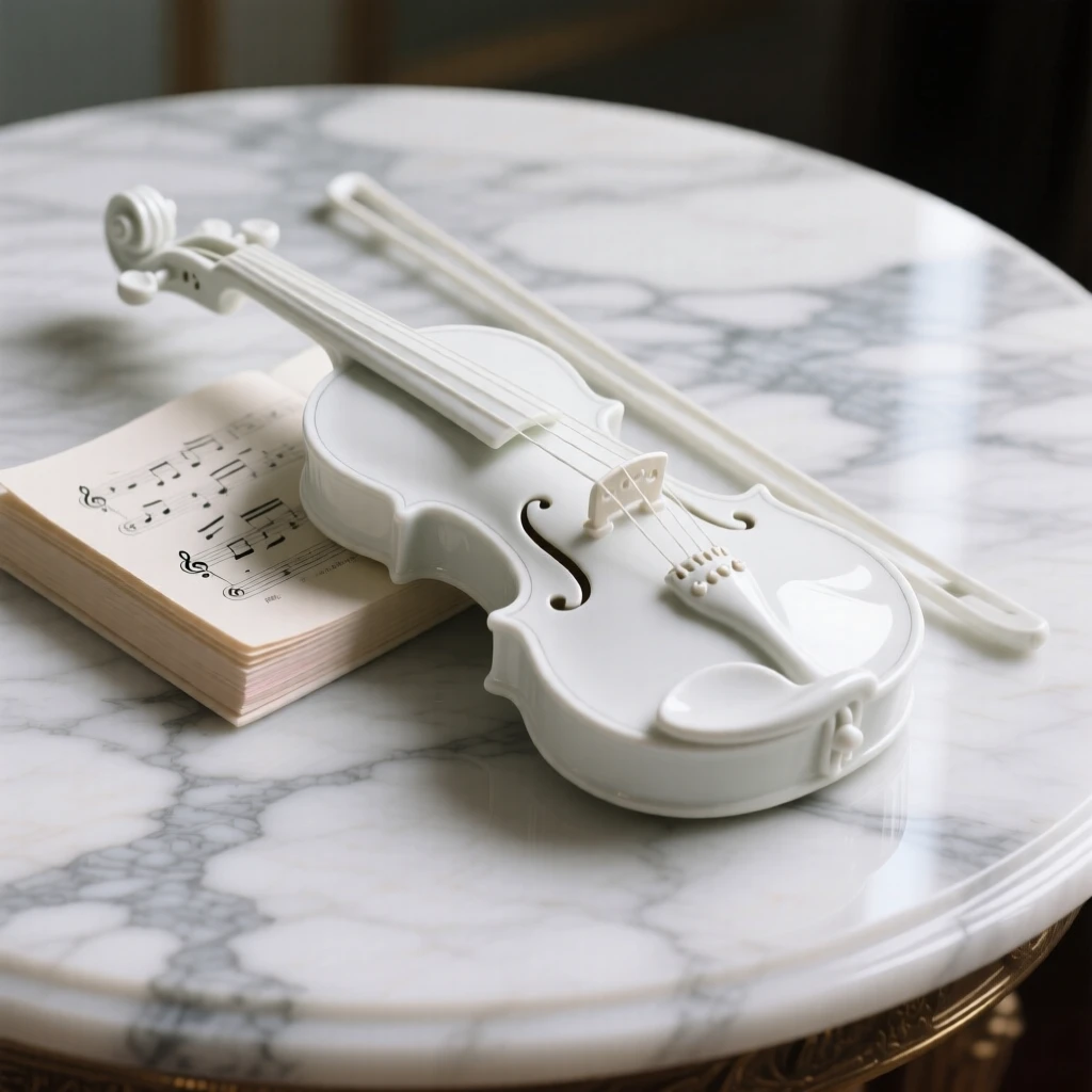 A refined still-life arrangement of a violin resting beside sheet music on a marble tabletop, composed with classical balance and harmony.