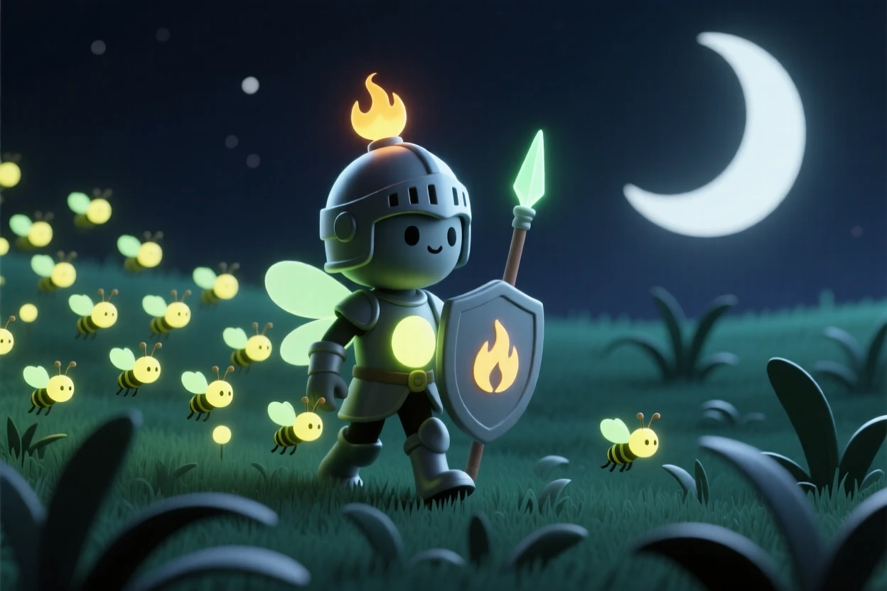 A brave firefly knight leads a swarm of glowing companions through a moonlit meadow on a nightly patrol.