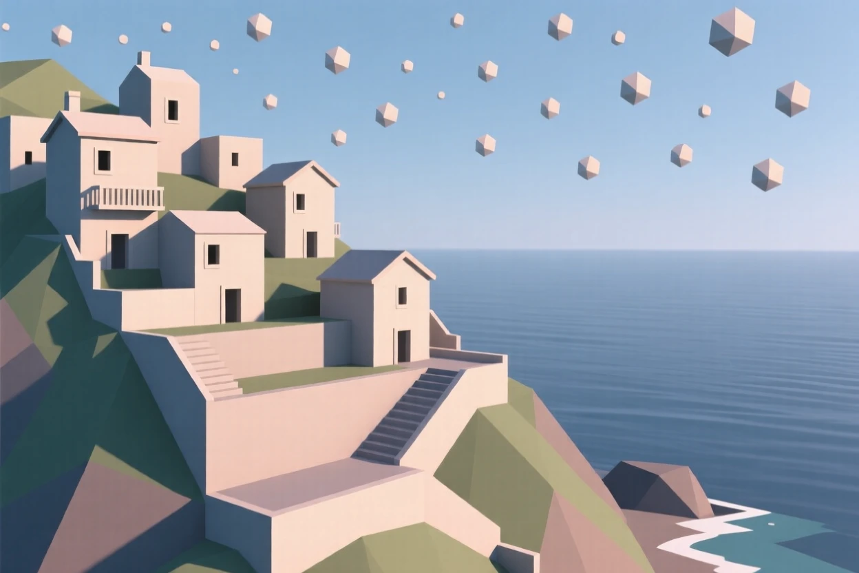 A terraced hillside town overlooking the sea, beneath a sky full of stars. fine architectural details are rendered with clarity. The mood feels romantic and picturesque.