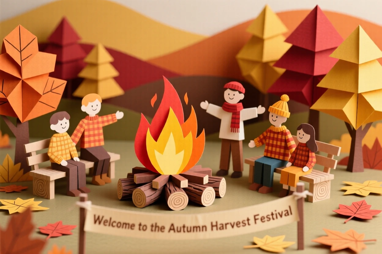 A charming autumn harvest festival filled with the golden light of a bonfire, with family gathered warmly together, evoking festive warmth and joy.
