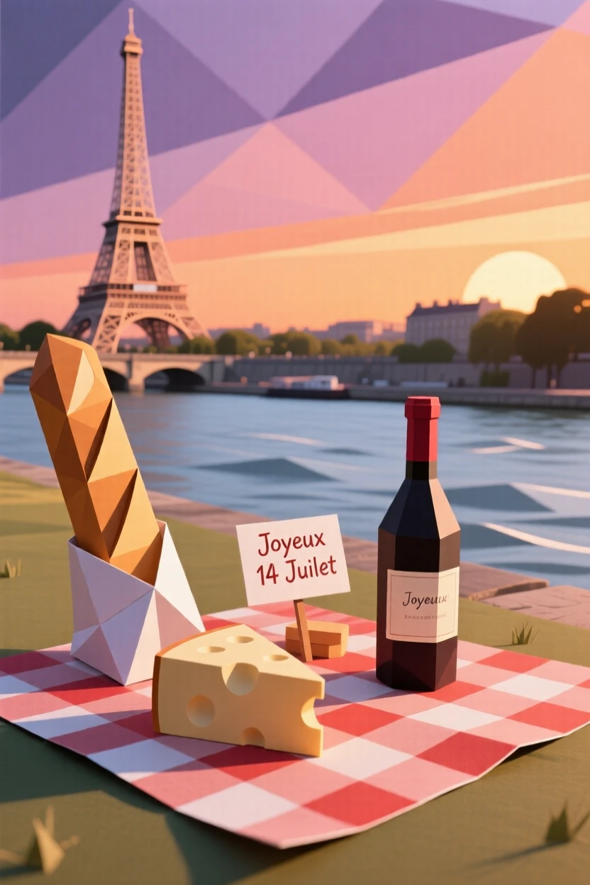 A French Bastille Day picnic scene along the banks of the Seine at sunset.