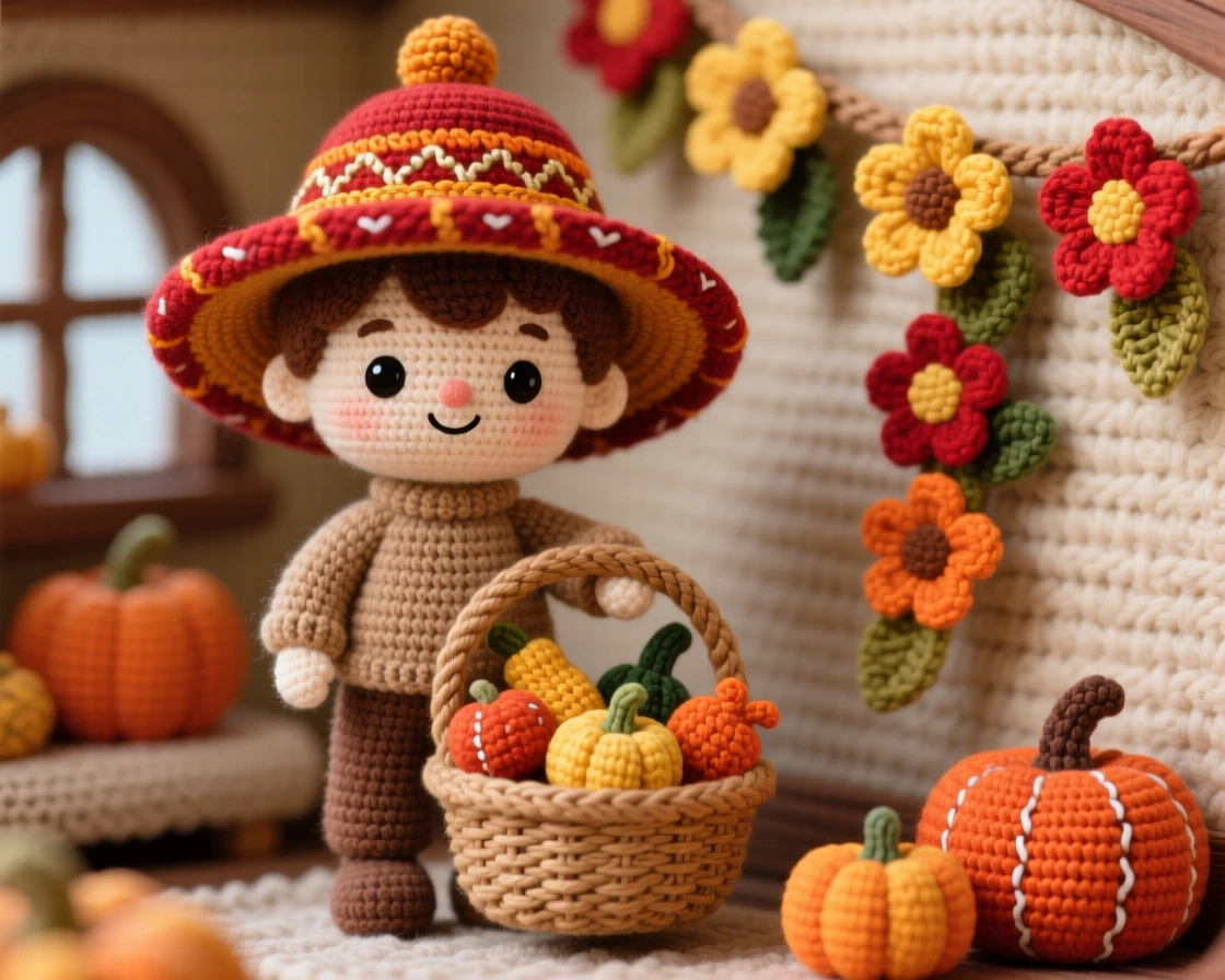 A festive cultural scene of a small boy wearing a festival hat for a harvest thanksgiving gathering, carrying a basket of autumn gourds within a cozy home decorated for a family tradition; a garland of woven flowers draped nearby nearby, full of bright, celebratory warmth.