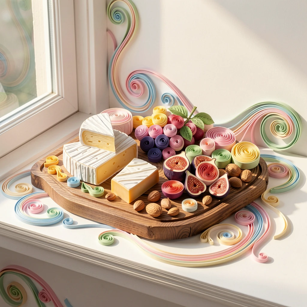 a rustic charcuterie board with cheese, fruit, and nuts, on a cozy windowsill with morning light streaming in, composed with a clean, minimal negative space background, in bright, cheerful pastel colors.