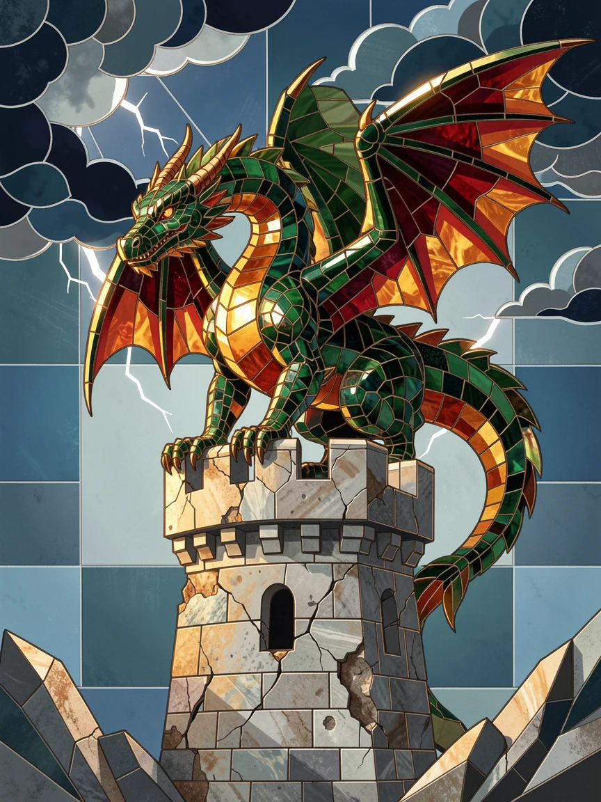 A majestic dragon perched atop a crumbling castle tower under a stormy sky, rendered with dramatic magical lighting and rich atmospheric detail.