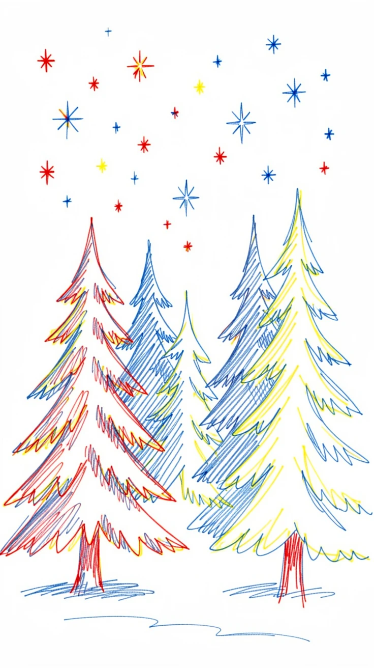 A crisp winter night with stars sharp and bright above snowy pines