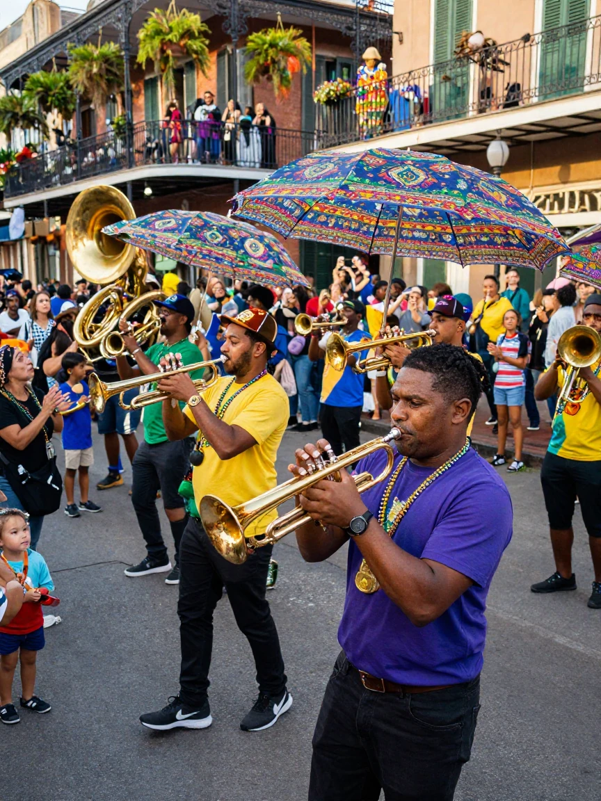 A New Orleans jazz parade with brass instruments and umbrellas