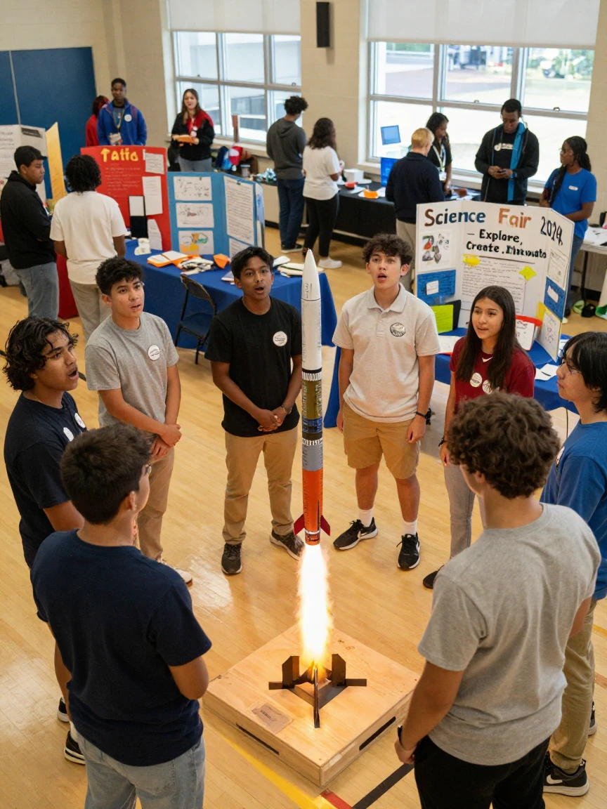 A group of students launches a homemade rocket at a school science fair.