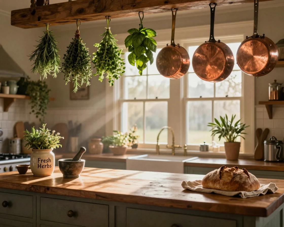 A kitchen filled with hanging herbs and copper pans as morning light spills through the windows