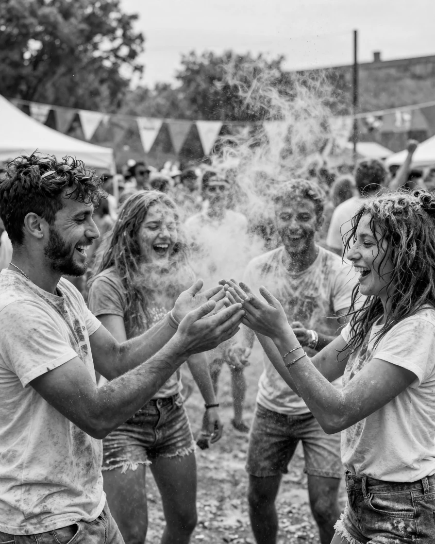 Revelers covered in colored powder throw handfuls of bright pigment during a vibrant spring festival.