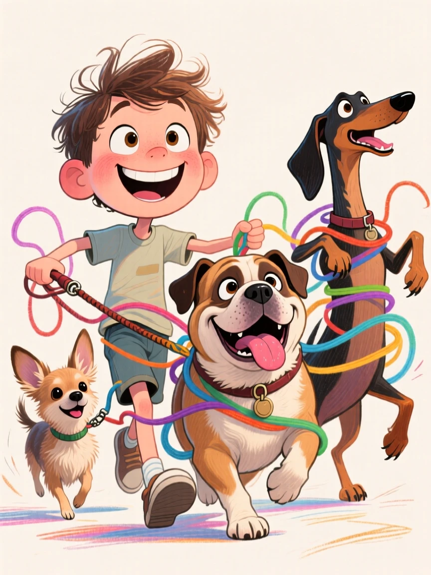 A little boy proudly walking three dogs at once, leashes tangled comically.