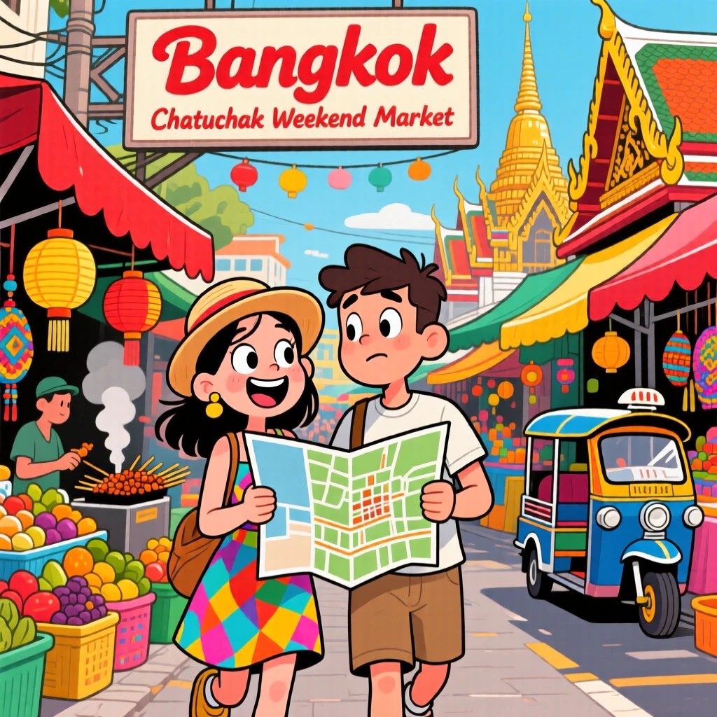 An iconic travel scene featuring a young couple exploring a vibrant street market in Bangkok, with a map slightly askew in hand.