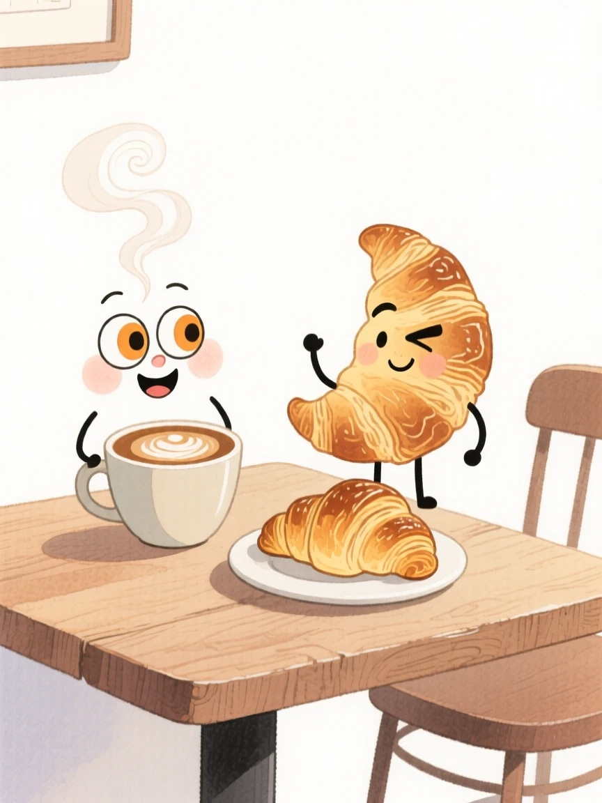 A cozy, appetizing, rustic and comforting scene of a cozy café corner with a latte and a croissant on a wooden table