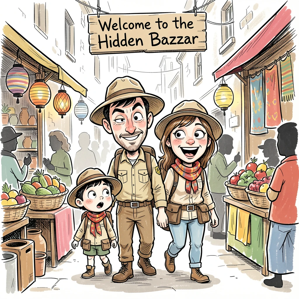 [Travel & Cultural Experiences] Vivid travel scene of a curious family of explorers exploring a hidden alleyway market, full of wonder and adventure