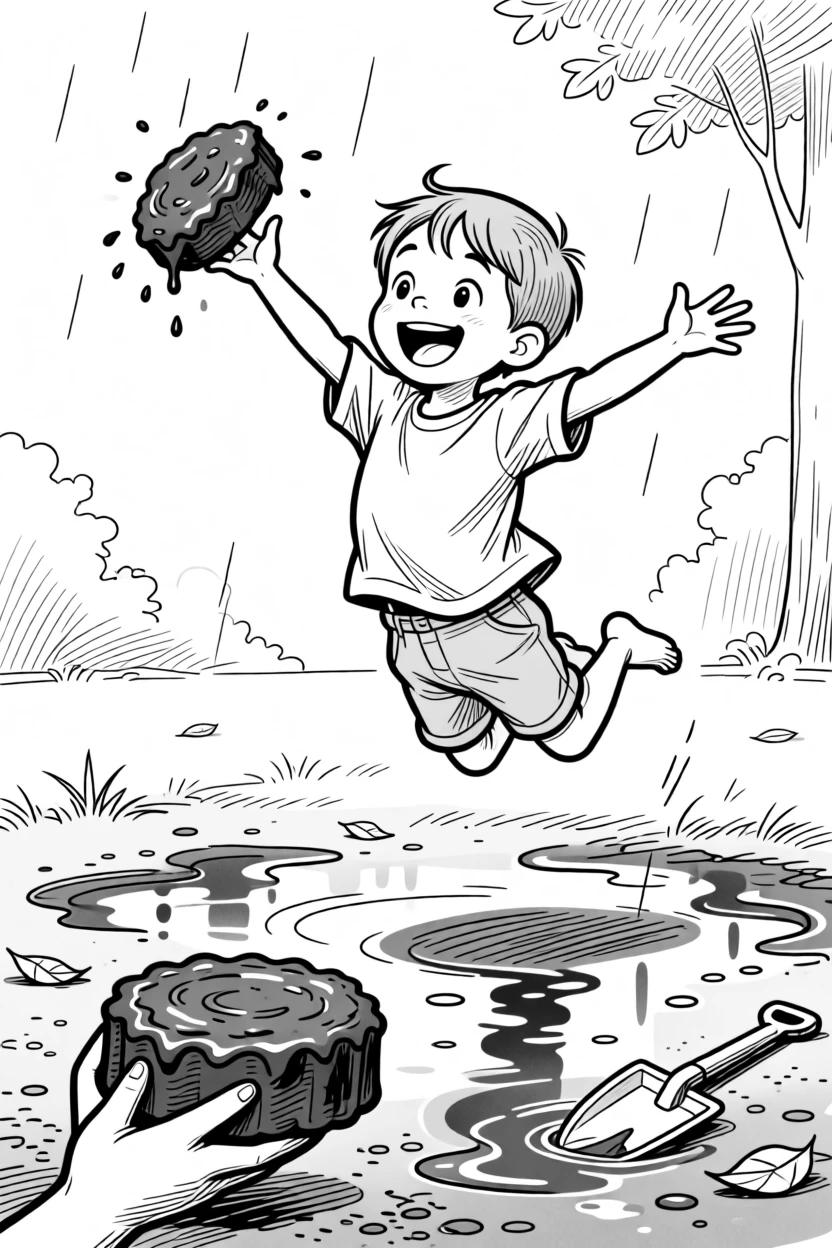 A kid proudly displaying a mud pie masterpiece, leaping with both arms outstretched to catch one, set in a backyard after a summer rainstorm. A plastic shovel lies abandoned in the sand. The image radiates the carefree magic of being young.