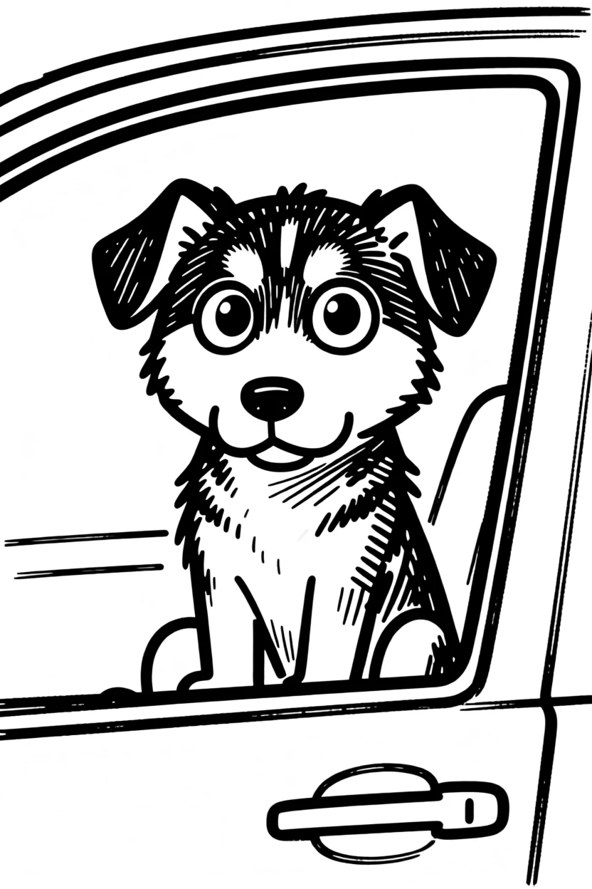 A husky puppy sitting attentively in a car window, ears flapping in the breeze.