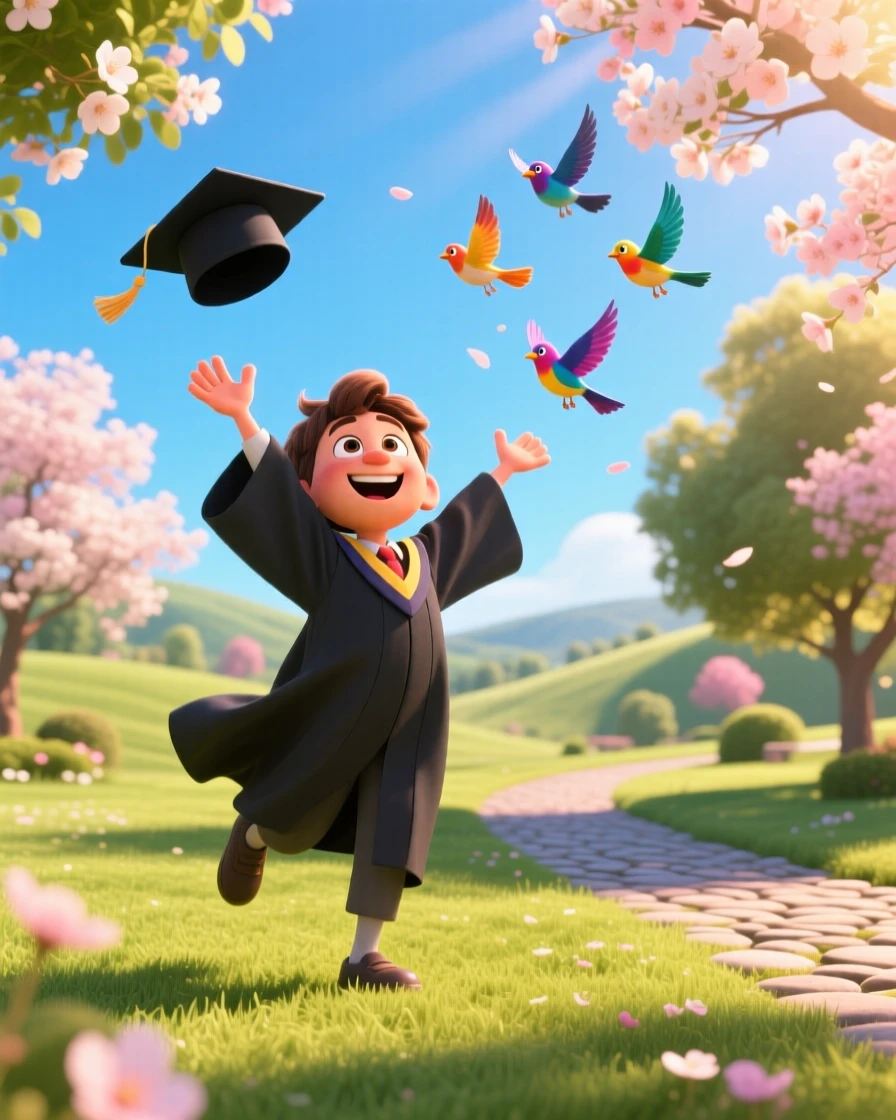 A graduate throwing their cap into the air unfolds in a sunlit park filled with blooming trees, with birds scattering into the sky nearby. A heartfelt sense of happiness fills the moment.